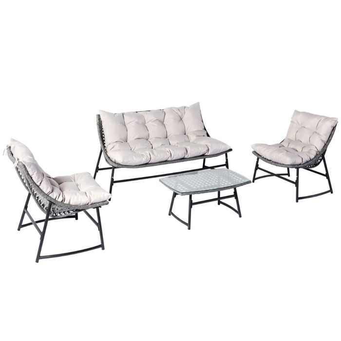 GUAHANA - Salon de jardin avec canapé fauteuils et table basse rectangulaire gris en résine GUAHANA - Salon de jardin avec canapé fauteuils et table basse rectangulaire gris en résine