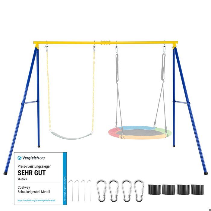 Balançoire Extérieur Enfants COSTWAY-en Métal Structure en A-Charge 300KG--Mousquetons et Couvre-pieds-2 Façons de Suspendre-Jaune