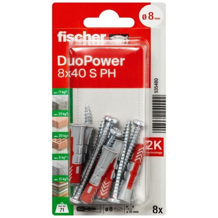 Cheville universelle FISCHER DuoPower 8x40 mm 8 pcs Nylon Vissage facile