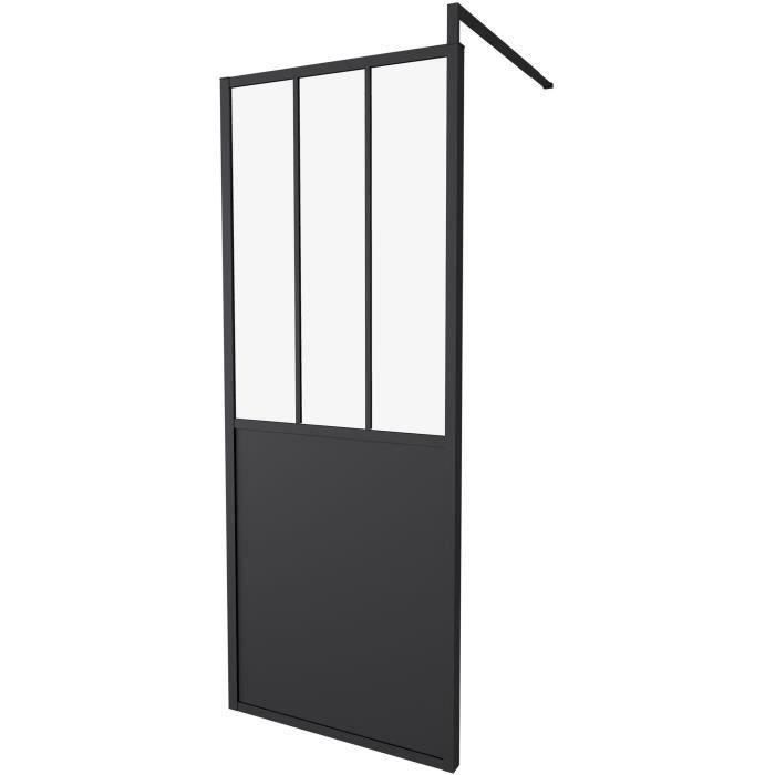 Paroi Fixe 80x200 Style Industriel Noir - Verre Transparent - Rectangulaire - Aluminium - Epaisseur 