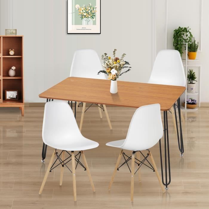 table de salle à manger carrée en bois et métal + lot de 4 chaises blanches en fil de fer