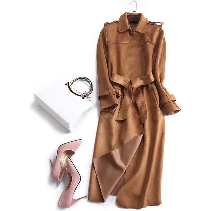 Manteau Trench en daim pour femme Trench Coat Long l gant pardessus en daim rouge Cardigan Trench automne Type light tan