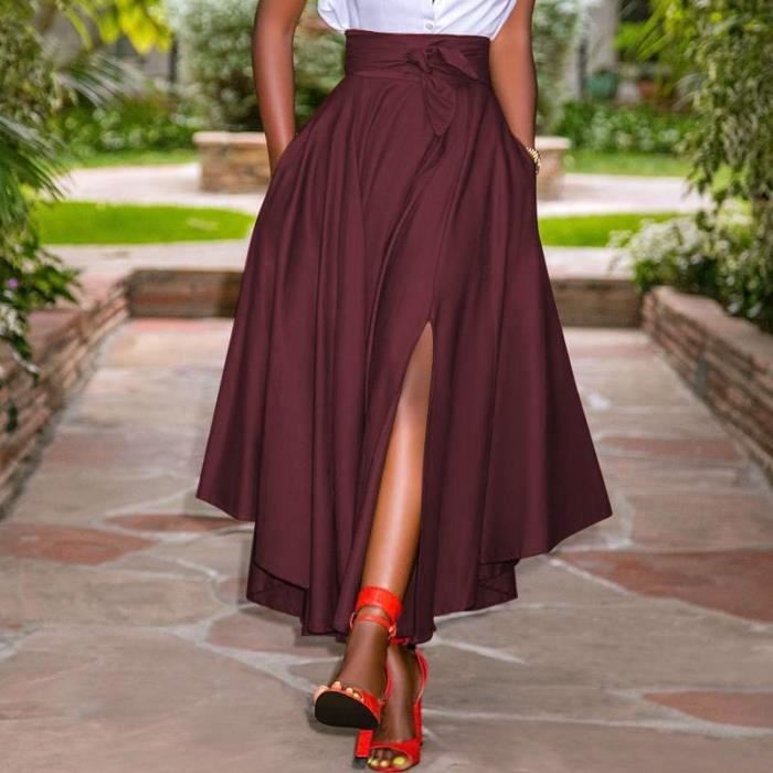 Jupe longue ZANZEA Femme Vintage Fermeture A Glissiere Taille Haute A line Solide Wine Red Blanc Cdiscount Pret a Porter