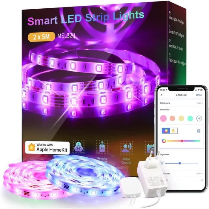 Ruban à LED Connecté WiFi (2x5M) RGB Bande Lumineuse Intelligente Compatible avec HomeKit Siri Alexa et Google Home.