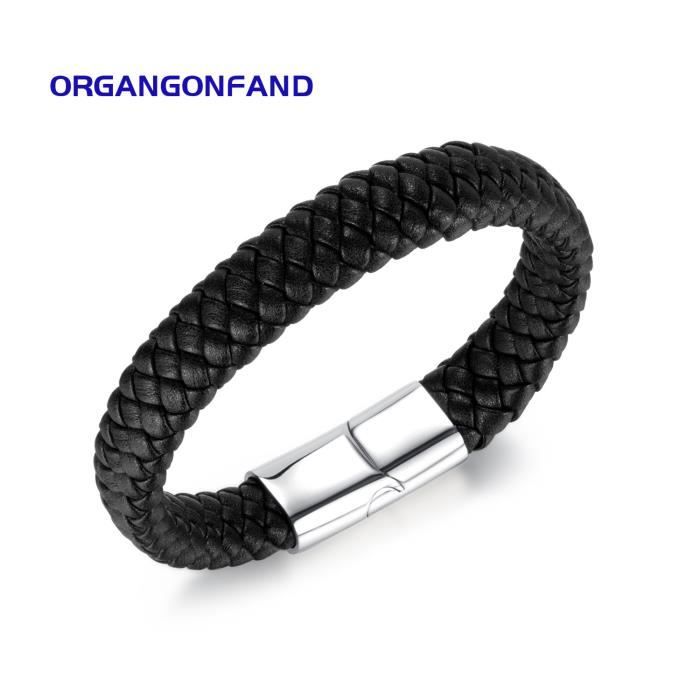 Bracelet Homme En Cuir Noir Tressé - Style Mezzanine Avec Chaîne Acier - Idée Cadeau élégante - 10