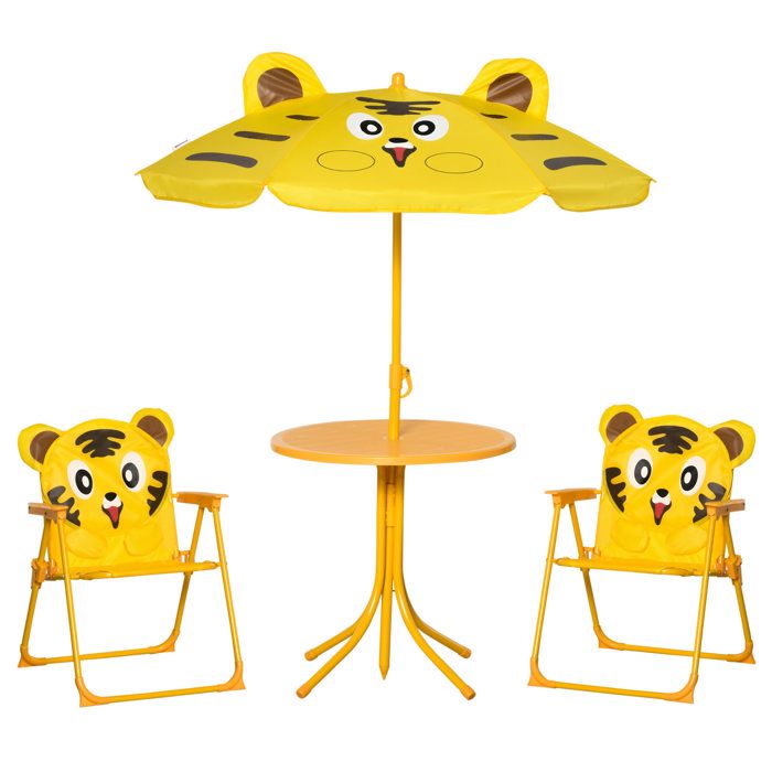 Ensemble salon de jardin - Outsunny - enfant 4 pcs design tigre table 2 chaises parasol - métal oxford - jaune