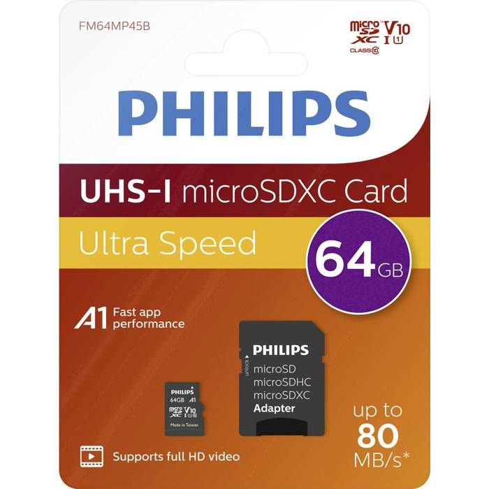 Philips Carte microSDXC 64 GB Class 10 avec adaptateur SD