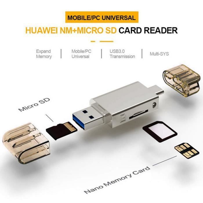 Lecteur de carte mémoire 2 en 1 Type-C USB3.0 pour Micro-SD/NM - QUMOX - Blanc - Pour Mobile/PC