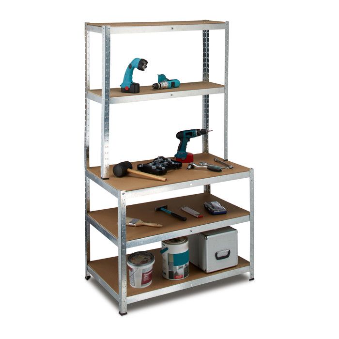 Etagère charge lourde lot de 2 avec établi jusquà 900 kg 5 niveaux métal et MDF HxLxP : 180 x 100 x 60 cm gris