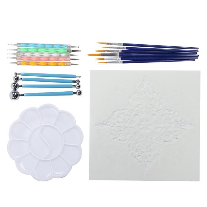 Kit Mandala 44 Pièces - Outils Pointillage, Modèles, Pinceaux, Plateau - DIY Art, Peinture, Nail Art