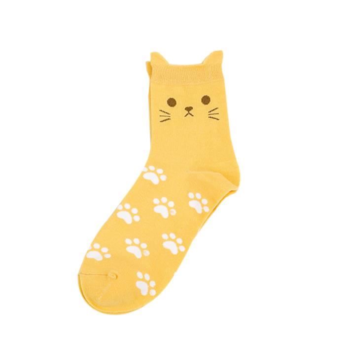 Belle Couleur Bonbon Cartoon Chat Empreinte Patte Femmes Coton Doux Doux Chaud Chaussettes Courtes Jaune