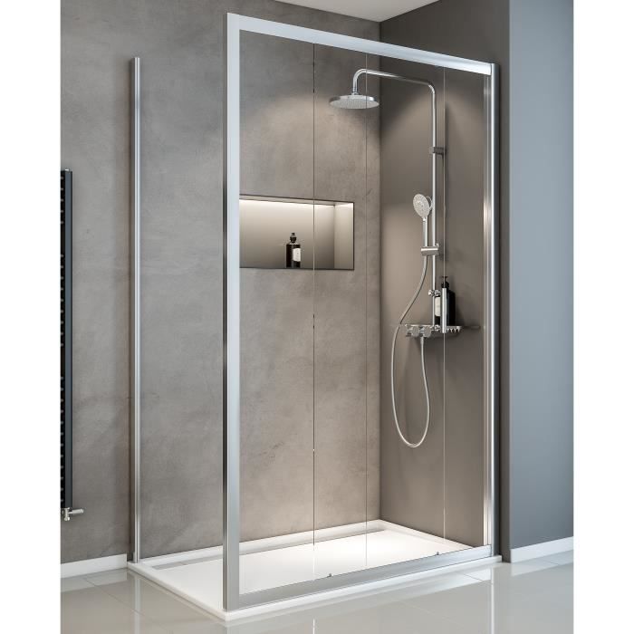 Porte de douche coulissante, 120 x 80 x 190 cm avec paroi latérale, Sunny, profilé aspect chromé