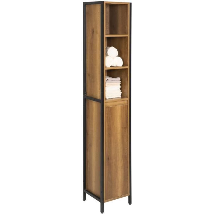 Sobuy BZR62-PF Meuble Colonne de Salle de Bain avec 3 Niches 1 Porte et 3 Etagères Intérieurs Industriel L30 x P28 x H168