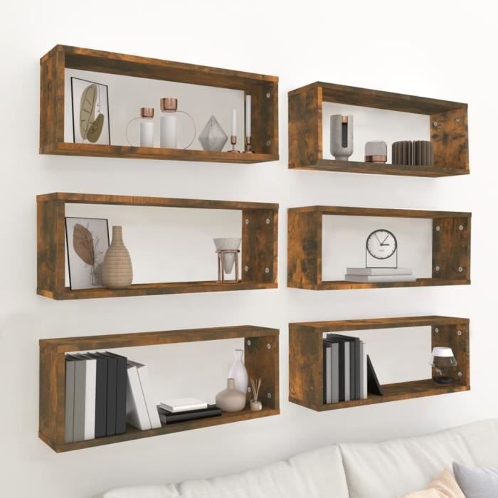PromoMeuble Étagère LMT - Étagères murales cube 6 pcs - Chêne fumé 60x15x23 cm Bois 178Kg