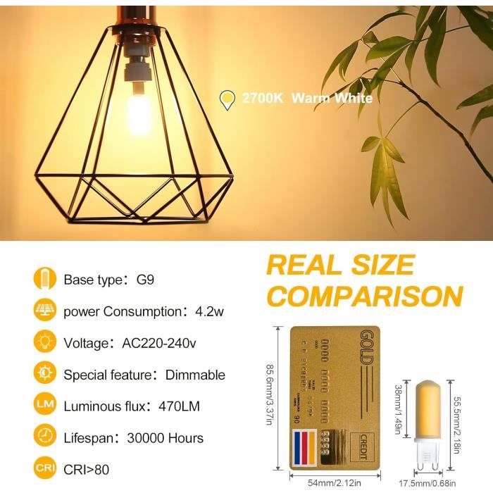 Ampoule G9 Led Dimmable 4.2W G9 Led Blanc Chaud (Remplace 42W Halogène)  470Lm Ac220-240V 2700K Sans Scintillement Ampoule Led[J2875]