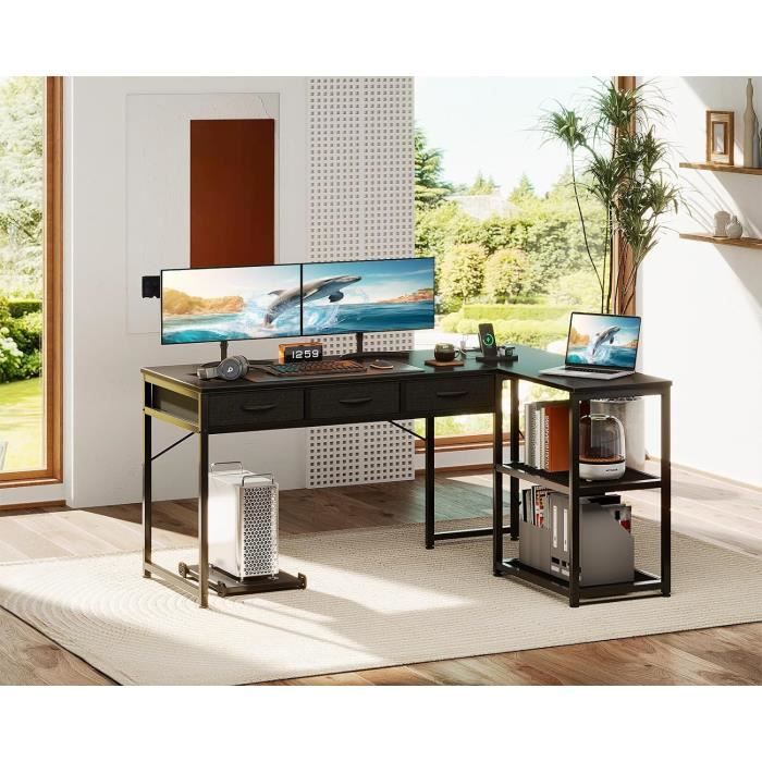Bureau d'angle en L Bestier 132 cm avec prises et éclairage LED, réversible, avec étagères, grand poste de travail pour ordinateur et crochets, idéal pour le bureau à domicile et la chambre Bureau d'angle en L Bestier 132 cm avec prises et éclairage LED, réversible, avec étagères, grand poste de travail pour ordinateur et crochets, idéal pour le bureau à domicile et la chambre