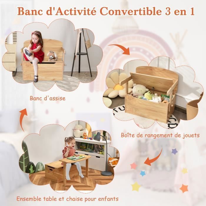 Table Chaise Enfant 3 En 1 GOPLUS - Banc Coffre Jouets Bois Blanc - 3-7 Ans