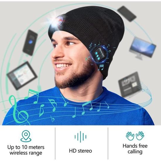 Bonnet LED Bluetooth ATNKE - Lampe Frontale Rechargeable, Chapeau Hiver Chaud Avec Musique