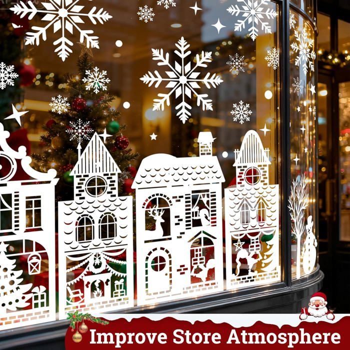Autocollants Noël Fenêtre XXL - 5 Stickers électrostatiques Réutilisables, Motifs Maisons Et Flocons, Décoration Vitre