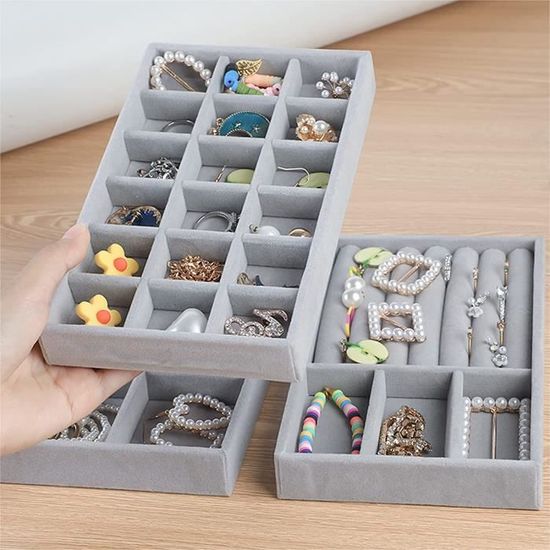 Rangement Bijoux Tiroir Plateau Bijoux 24 Cases Velours Gris - Organisateur Tiroir Empilable 35x24x3cm Boîtes à Bijoux Et Présentoirs