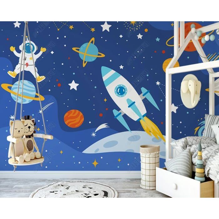 Papier Peint Soie Astronaute Espace Planète Fusée Ciel Étoilé Enfants ...