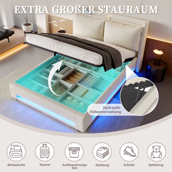 Lit capitonné 140 x 200cm avec espace de rangement hydraulique, lit rembourré en velours avec Lit capitonné 140 x 200cm avec espace de rangement hydraulique, lit rembourré en velours avec