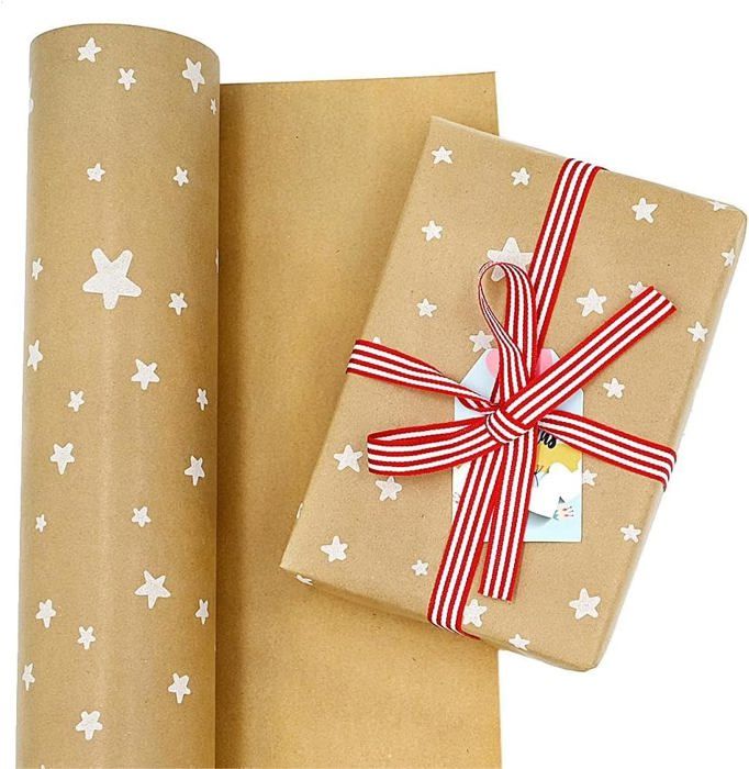 Rouleau Papier Cadeau Kraft Étoiles Bleues 43cm X 15m - Recyclable, Parfait Noël, Anniversaire, Halloween & Mariage