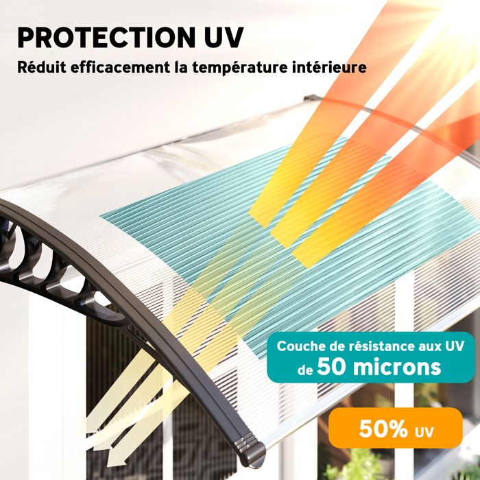 Auvent Porte Entrée Polycarbonate 200x80cm - Gouttière Intégrée, Protection UV/pluie/neige, Support ABS - Pour Façade, Terrasse, Balcon