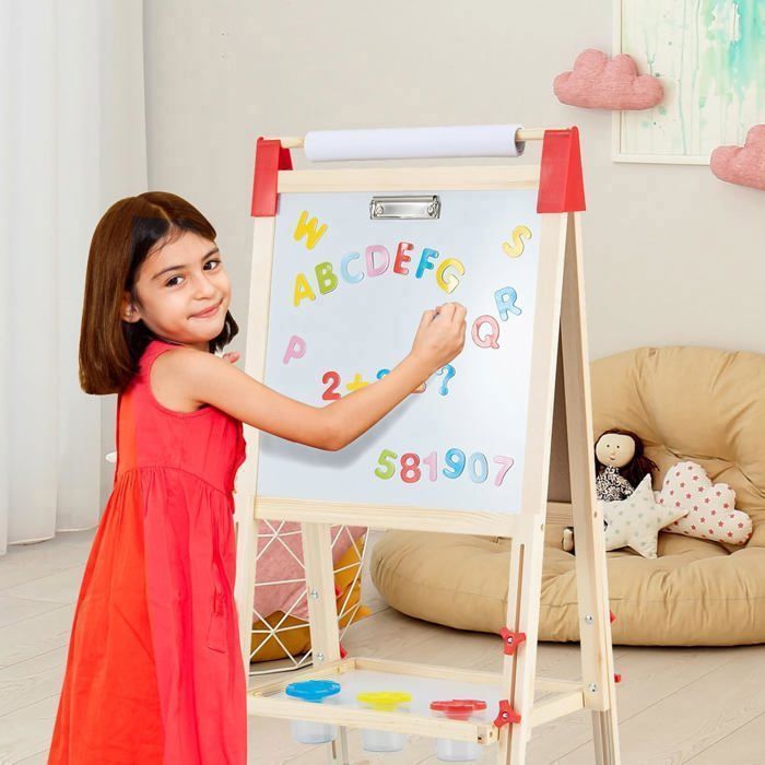 COSTWAY 3 en 1 Tableau Enfants Double Face avec Rouleau de Papier, Chevalet avec 2 Etagères et 2 Boîtes de Rangement, Structure Triangulaire, Jouet de Dessin pour Enfants de 3 Ans COSTWAY 3 en 1 Tableau Enfants Double Face avec Rouleau de Papier, Chevalet avec 2 Etagères et 2 Boîtes de Rangement, Structure Triangulaire, Jouet de Dessin pour Enfants de 3 Ans
