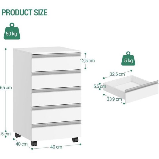 Hzuaneri Caisson De Bureau à Roulettes 5 Tiroirs - Meuble Rangement Blanc FC55503X Pour Télétravail