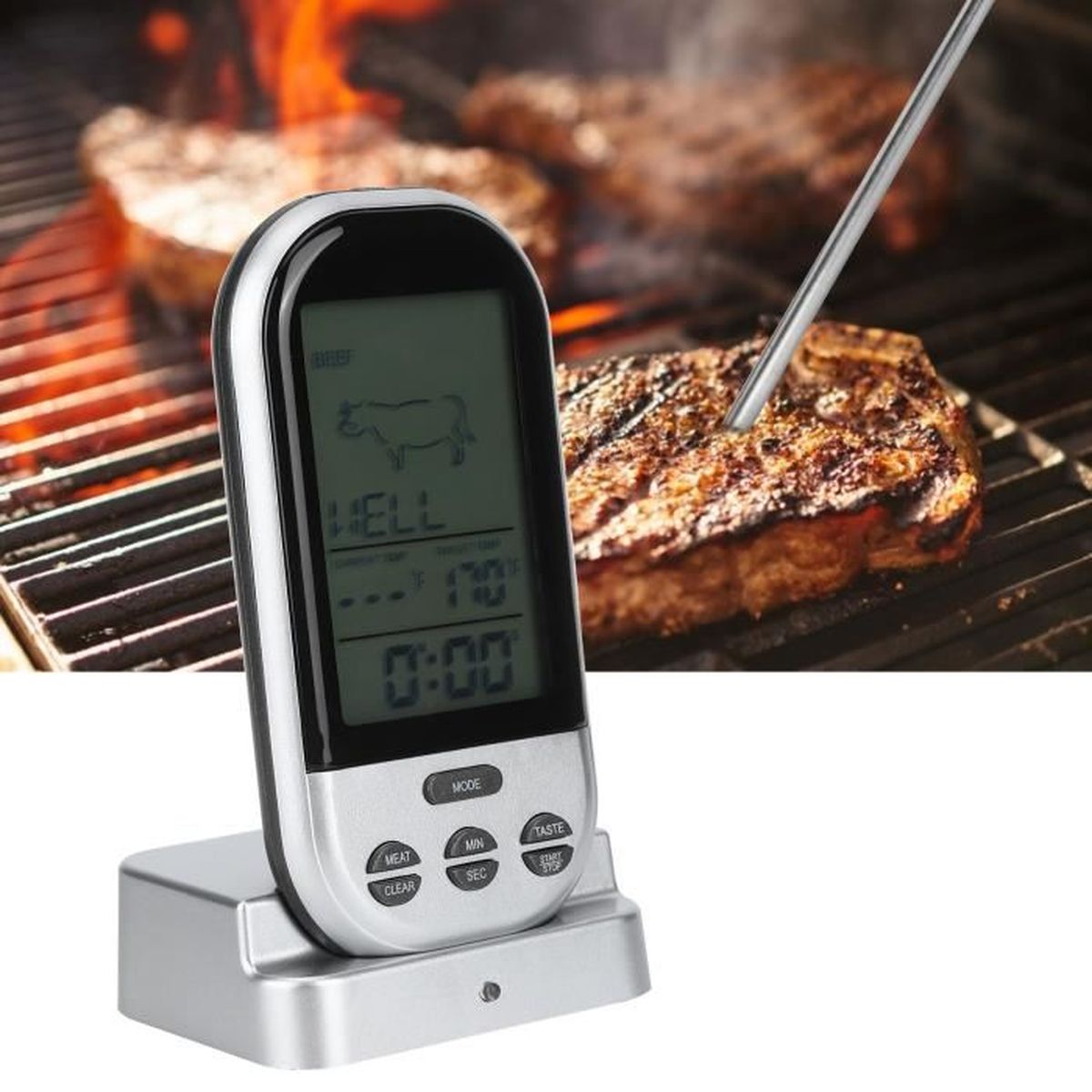 Thermomètre de Cuisson Barbecue Numérique à Distance avec Sondes Double Minuterie et Température Préréglée pour Les Aliments Viande Four Fumoir BBQ