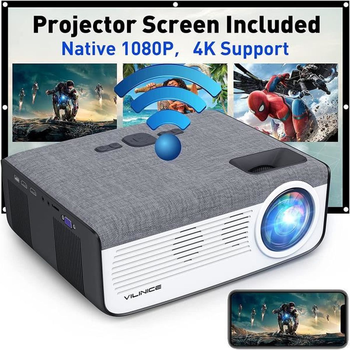 Projecteur Bluetooth WiFi Native 1080P HD Support 4K Vidéoprojecteur