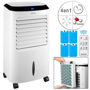 CLIMATISEUR MOBILE Rafraîchisseur d'air mobile blanc 4 en 1 ventilateur humidificateur ioniseur 65W 3 flux d'air Réservoir 10L télécommande