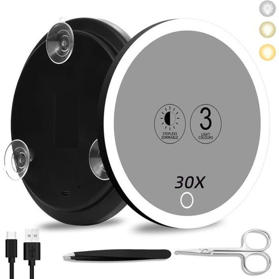 Miroir Grossissant 30X Avec Lumière LED - 3 Couleurs, Intensité Variable, Diamètre 15,24 Cm, Support 360°