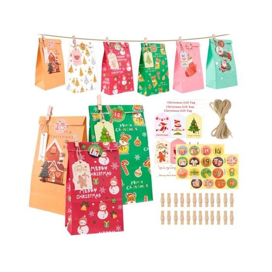 Calendrier De L'Avent à Remplir Soi-Même - 24 Sachets Kraft, Autocollants, Corde, Pour Cadeaux De Noël DIY