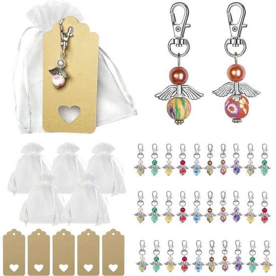 UBERMing Lot De 30 Porte-Clés Ange Gardien Avec Étiquettes Kraft Et Sachets Organza - Cadeaux Baptême Mariage Communion