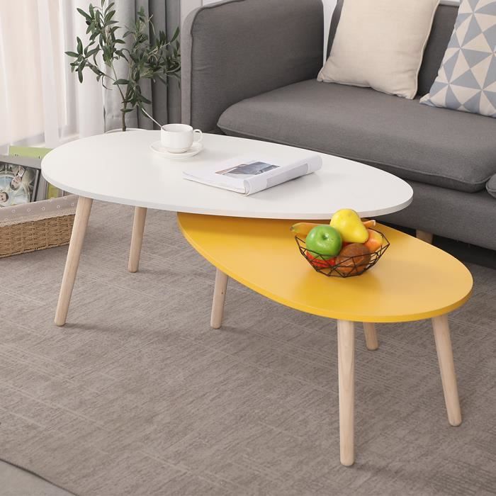 POPS Lot de 2 tables basses gigognes design scandinave bicolore jaune blanc pieds effilés bois massif hévéa