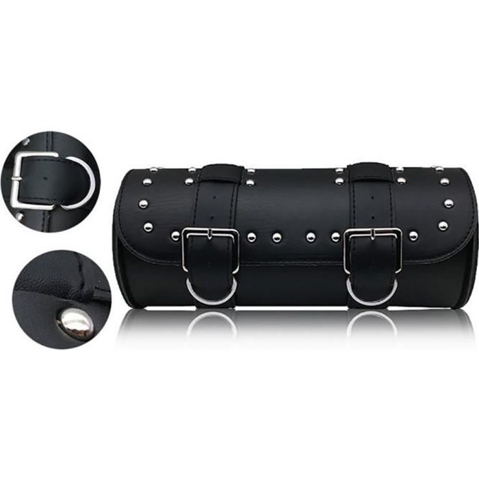 Outils Moto Ronde Sacoche de Fourche en Cuir PU pour Moto Custom Harley Davidson Noir