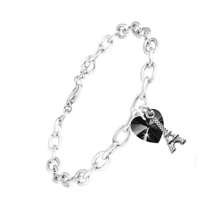 Bracelet coeur noir et Tour Eiffel SC Crystal orné de Cristaux Swarovski