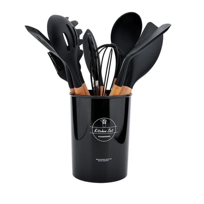 12 pièces,Spatule antiadhésive, appareils de cuisine avec boîte de rangement, ustensiles en Silicone, accessoires de cuisine-noir