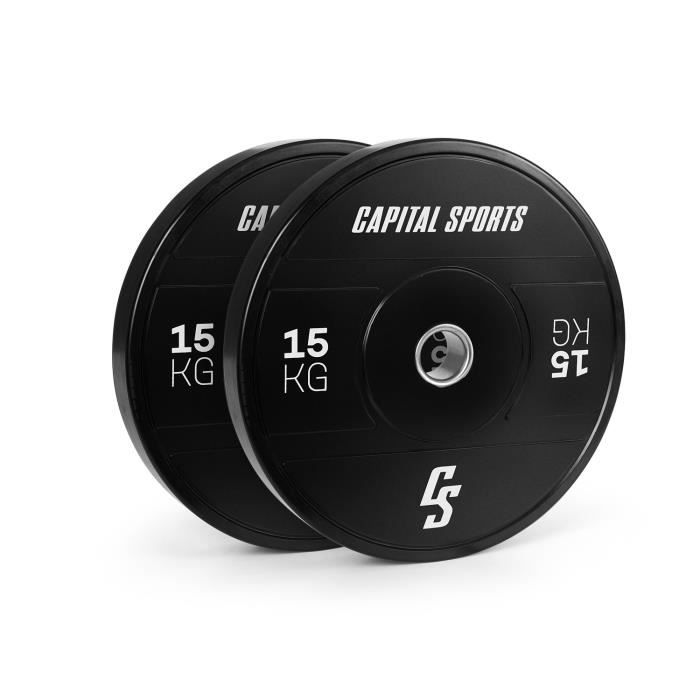 Disques de poids pour haltères - Capital Sports Elongate 2020 - bumper plates - 2 x 15 kg - gomme dure - 50,4 mm - Noir