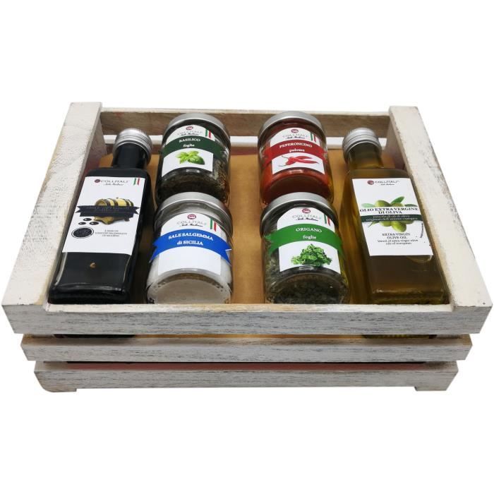 COLLITALI CAGETTE VERDURE : huile olive 100 ml, vinaigrette 100 ml, basilic 8 g, piment moulu 25 g, sel Sicile 58 g origan 8 g.