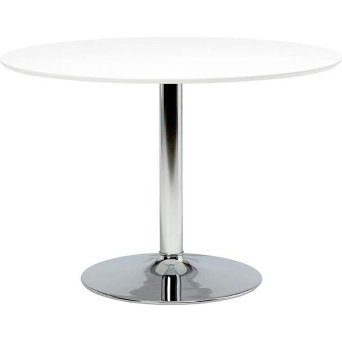 Table à manger ronde Ibbo, diamètre 110 cm. Fabriquée en métal avec un plateau en MDF de couleur blanche.