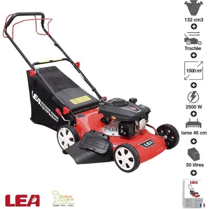 Tondeuse thermique tractée 4 temps 132cm3 coupe 46cm bac 45 litres LEA
