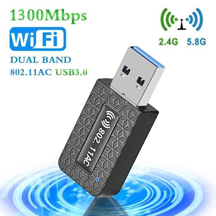 Clé WiFi USB 3g - 1300Mbps adaptateur wifi usb - USB 3.0 Dongle Wifi Bi-bande 2.4G/5.8G 802.11 AC - SoftAP Mode - Noir