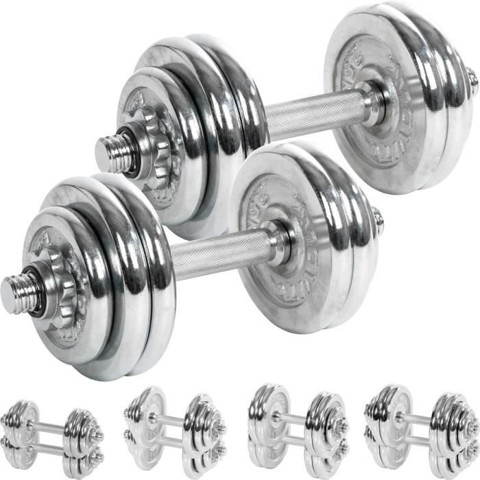 MOVIT Set d'haltères complet chromé 30 kg: 2x haltère avec vis de serrage tête étoile et 12 disques d'haltère (8 x 2,5 kg + 4 x 1,25