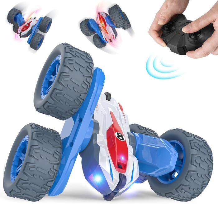 Voiture Cascadeur RC 4x4 – Rotation 360°, LED, Musique, 2 Batteries – Cadeau Enfant 3-10 Ans – Bleu