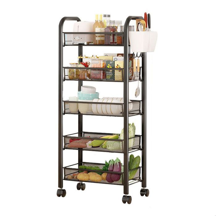 Desserte de cuisine à 5 niveaux acier - Chariot de service à roulettes - - NOIR - paniers métalliques amovibles - 44*27*105cm