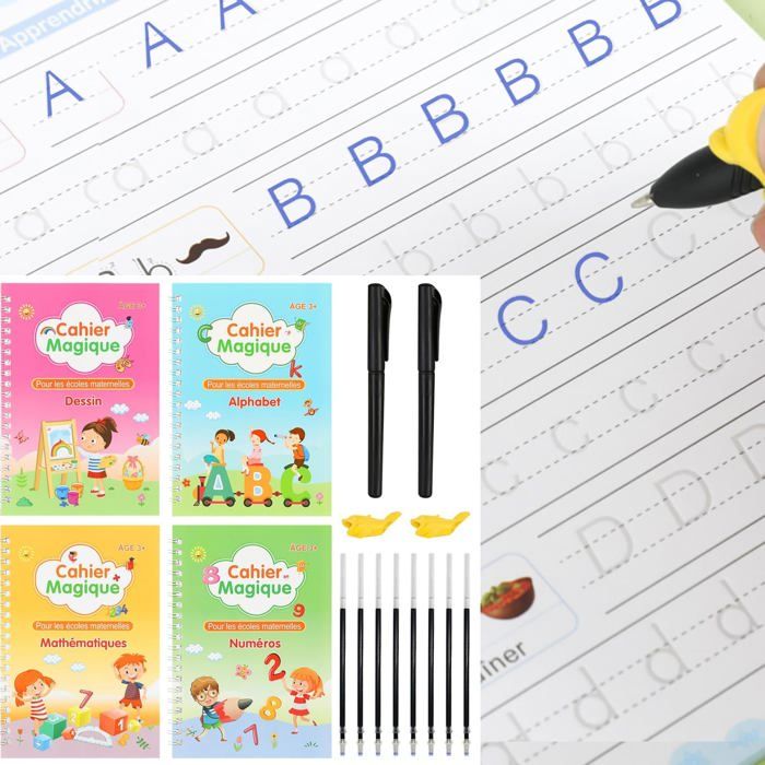 Kit Calligraphie Enfant 4-6 Ans - 4 Cahiers Réutilisables + Stylo Magique + Recharges - Français