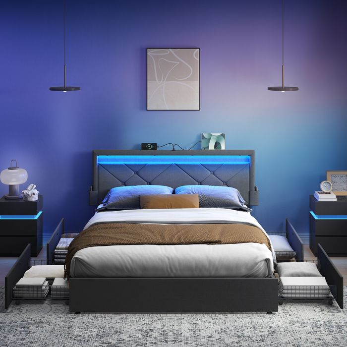 Cadre De Lit 160x200 Cm Avec Tête De Lit - Tissu Bleu - Neuf
